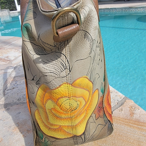 Anuschka Hand Painted Leather Satchel - Floral And Butterfly Design - Picture 2 of 16